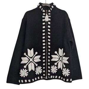 Laura Leigh Ltd Boiled Wool Sweater Womens Size Large Black Snowflake Full Zip